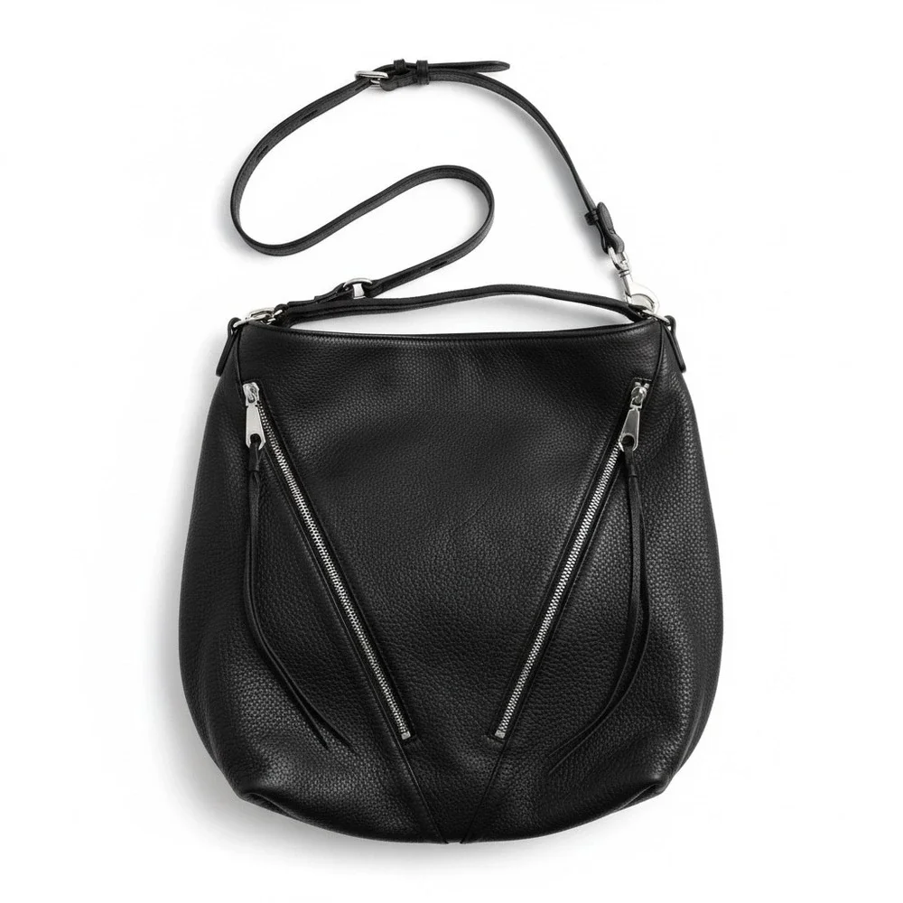 Rebecca Minkoff Black Leather Hobo Shoulder Bag Zipper Accents